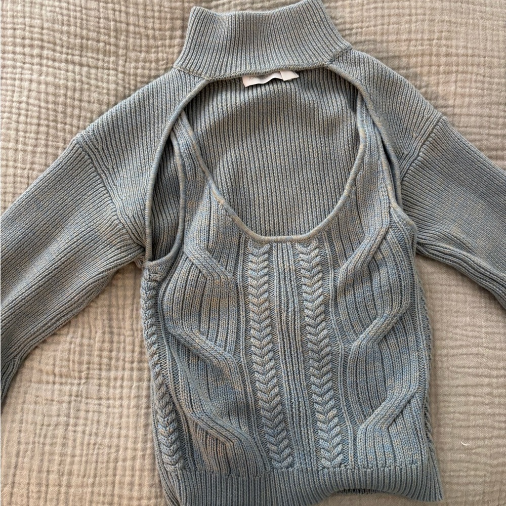 Jonathan Simkhai Dusty Blue Cable-Knit Cutout Turtleneck Sweater